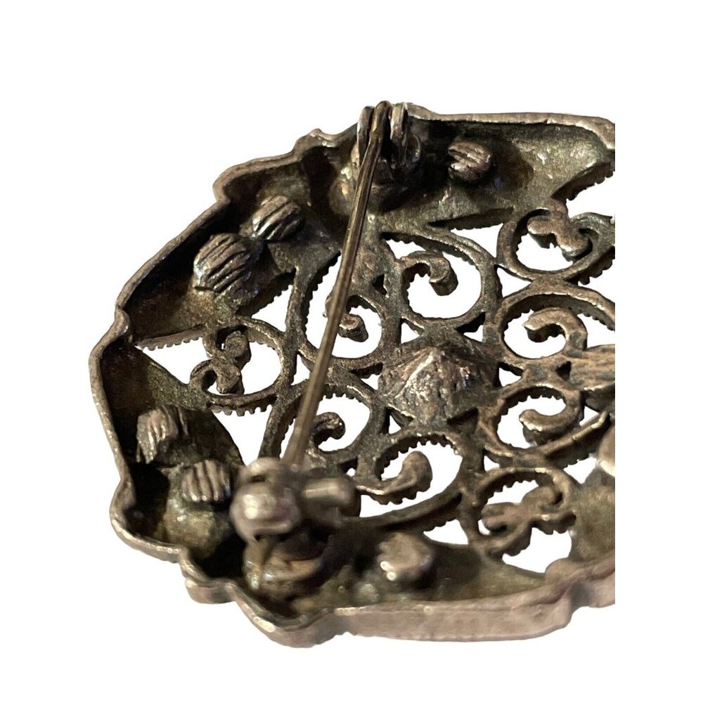 VTG 1928 Rhinestone Silver Tone Filigree Brooch Pin Open Work Art Deco Style - Picture 4 of 8